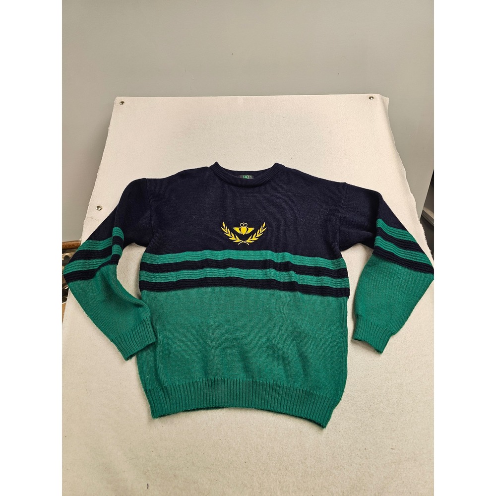 Emerald Isle‎ Mens Medium Claddagh Crest Knit Sweater Navy Green Made in Ireland